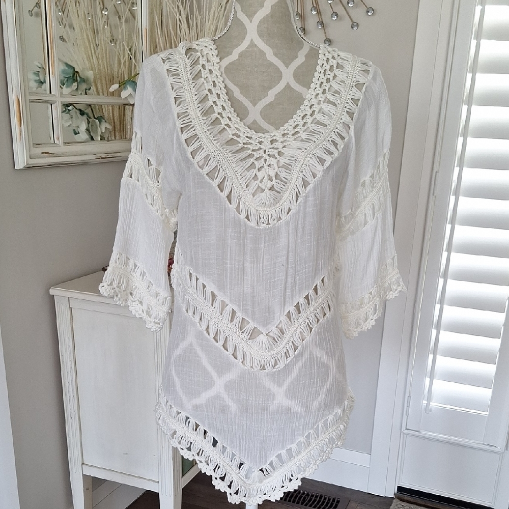 Boho Ivory Crochet Trim Women's Top/covet Up